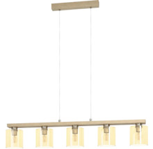 Lampa suspendată cu cinci abajururi pe o bară de lemn