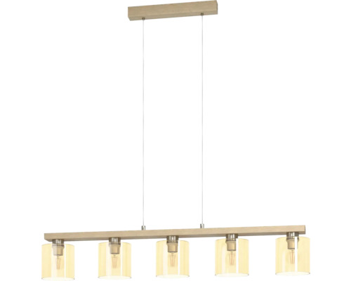Lustră vintage Eglo Castralvo E27 max. 5x28W, nichel/lemn Lampa suspendată cu cinci abajururi pe o bară de lemn