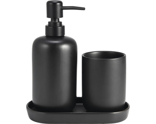 Set de baie negru cu dozator de săpun, pahar și suport