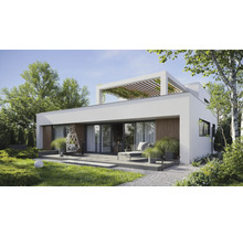 Casă modernă cu terasă, mobilier de grădină și spațiu verde