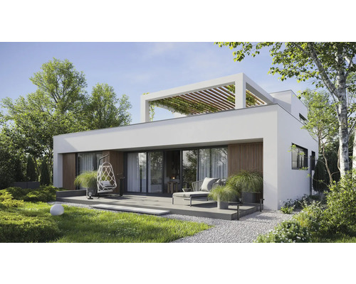 Casă modernă cu terasă, mobilier de grădină și spațiu verde