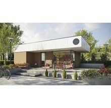 Cafenea modernă cu zonă de relaxare exterioară și vegetație luxuriantă.