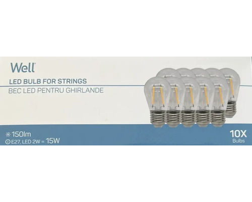 Logo Well. Pachet de zece becuri LED E27 de 150 lumeni fiecare pentru ghirlande luminoase.