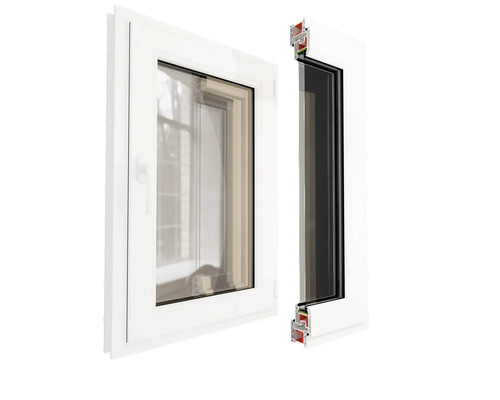Fereastră din plastic cu geam izolator și vedere în secțiune a profilului
