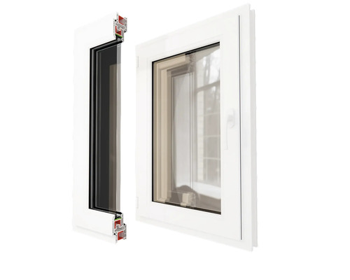 Fereastră din plastic alb cu profil multi-cameral în secțiune transversală