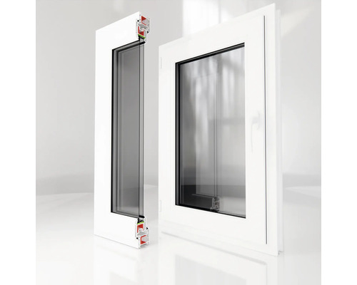 Fereastră din plastic albă cu geam termopan și secțiune de profil