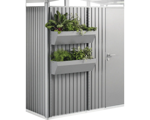 Cabină de grădină metalică cu două containere cu plante aromatice plantate