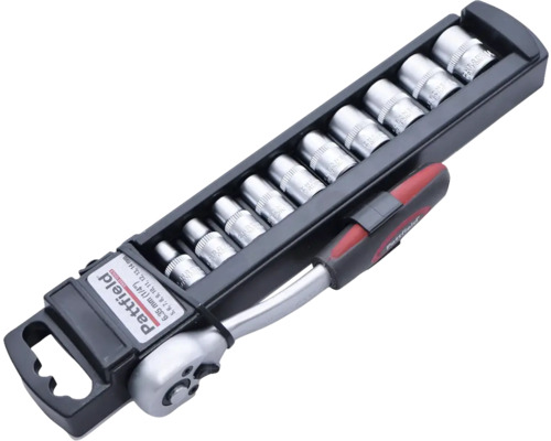 Set de chei tubulare cu clichet și diverse atașamente într-un suport negru