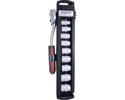 Set capete tubulare Pattfield 3/8, 10 piese Set chei tubulare Pattfield 9,53 mm cu mâner cu clichet și chei tubulare de diferite dimensiuni.