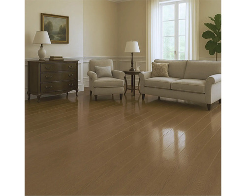 Living cu comodă, fotoliu, canapea și podea din lemn