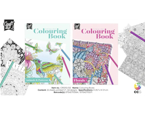 Cărți de colorat cu motive de animale, modele florale și logo Craft ID