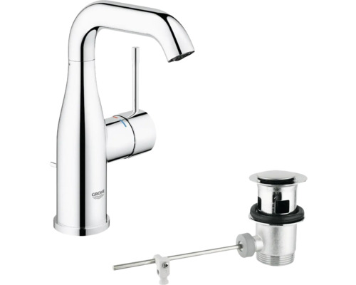 Baterie lavoar monocomandă GROHE Essence mărime M cartuș ceramic 28 mm Grohe SilkMove set evacuare cu tijă crom Baterie lavoar Grohe cu ventil cu tijă