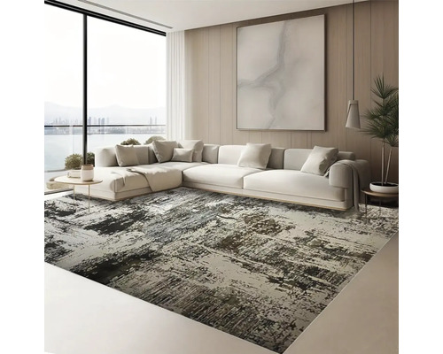 Living cu canapea de colț mare și covor abstract
