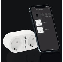 Logo Tellur, priză inteligentă cu două conexiuni și vedere a aplicației pentru smartphone