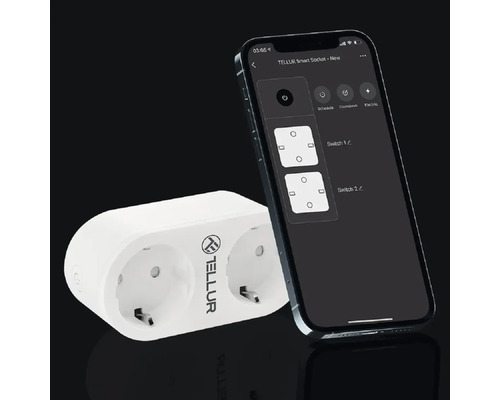 Logo Tellur, priză inteligentă cu două conexiuni și vedere a aplicației pentru smartphone