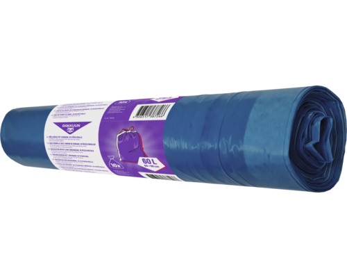 Rola de saci de gunoi albaștri cu șnur, capacitate 60 litri