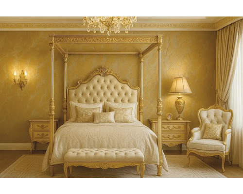 Dormitor elegant cu pat cu baldachin, noptiere și fotoliu