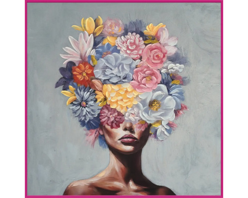 Pictură cu o femeie purtând o podoabă florală pe cap