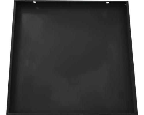 Tavă de plantare neagră din metal cu găuri de fixare.