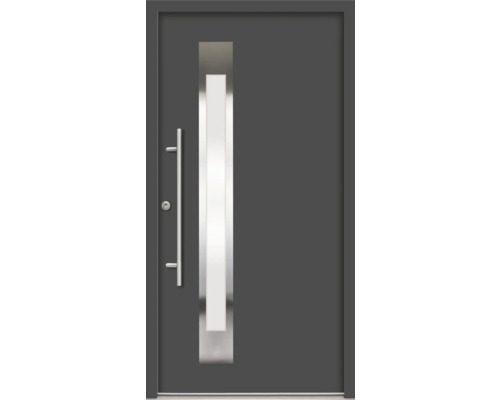 Ușă de intrare modernă cu mâner din oțel inoxidabil și decupaj pentru lumină