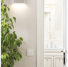 Scenă luminoasă de baie cu lampă de perete, întrerupător și plantă de interior