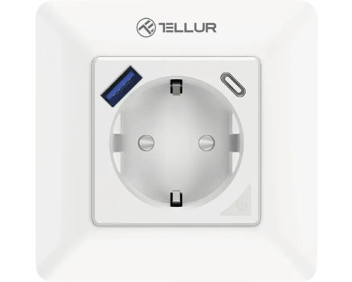 Priză smart / inteligentă Tellur max. 3600W, conexiune Wi-Fi, monitorizare consum + 1x USB A 1x USB C Tellur Logo Priză cu port USB