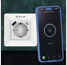 Priză cu logo Tellur cu port USB și control prin aplicația pentru smartphone