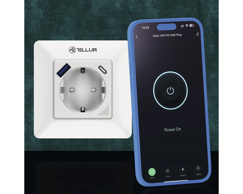 Priză cu logo Tellur cu port USB și control prin aplicația pentru smartphone