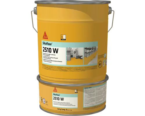Două recipiente Sikafloor 2510 W, acoperire de podea cu emisii reduse și rezistență mecanică bună