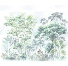 Ilustrație a unei păduri tropicale cu diverși copaci și plante