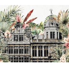 Tapet cu decor de clădire și plante tropicale