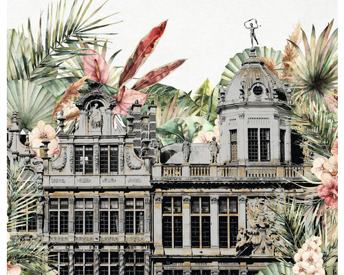 Tapet cu decor de clădire și plante tropicale