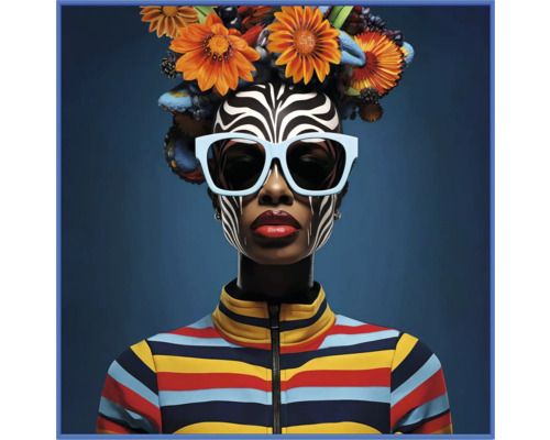 Femeie cu machiaj zebră, ochelari de soare și coafură cu flori