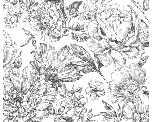 Model floral alb-negru cu flori și frunze