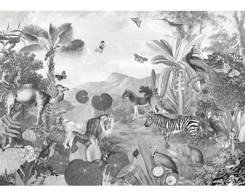 Ilustrație a unui peisaj cu diverse animale