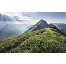 Peisaj montan cu pajiști și vârfuri de munte