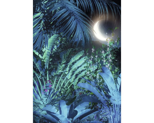 Scenă de junglă cu frunze de palmier și semilună