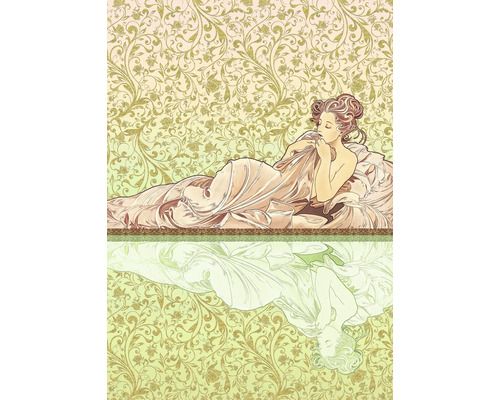 Ilustrație a unei femei întinse într-un pat, cu fundal decorativ