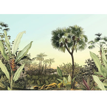 Ilustrație a unui peisaj tropical cu palmieri și vegetație luxuriantă.