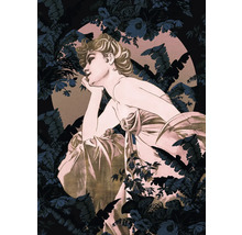 Ilustrație cu o femeie elegantă, gânditoare, într-un cadru floral