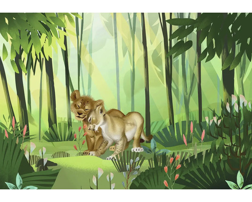 Ilustrație cu o familie de lei în pădure