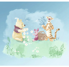 Ilustrație cu Winnie the Pooh, Purceluș și Tigger culegând flori pentru un picnic