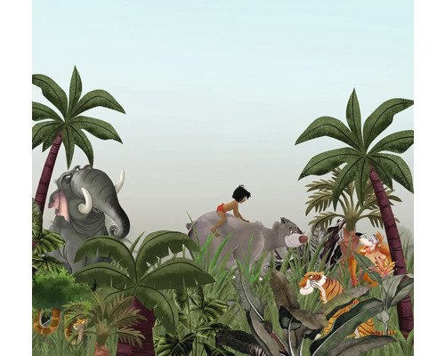 Scenă din junglă cu Mowgli, Baloo, Shere Khan, șarpe și elefant printre plante tropicale ca decor de perete