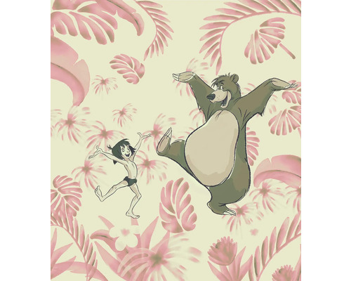 Ilustrație cu Mowgli și Baloo pe un fundal floral