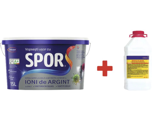 Vopsea superlavabilă pentru interior Spor cu ioni de argint albă 15 l + amorsă 4 l Set cu vopsea de perete și grund pentru interior