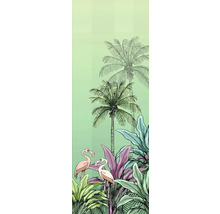 Ilustrație cu palmieri, plante tropicale și flamingo