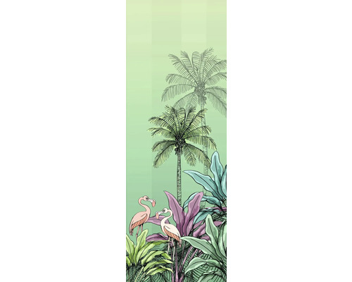Ilustrație cu palmieri, plante tropicale și flamingo