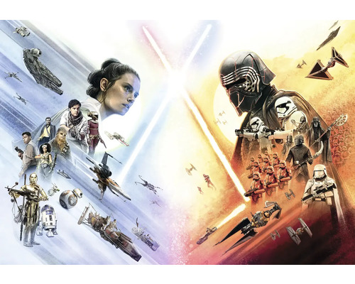 Afișul filmului Star Wars: Ascensiunea lui Skywalker cu Rey, Kylo Ren și nave spațiale