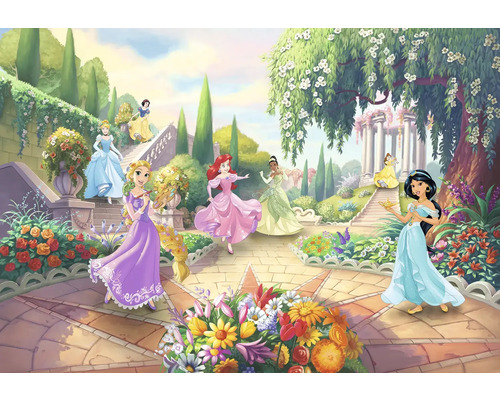 Ilustrație cu prințesele Disney într-o grădină