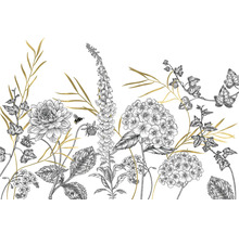 Tapet decorativ cu model floral de dalii, degeței și hortensii